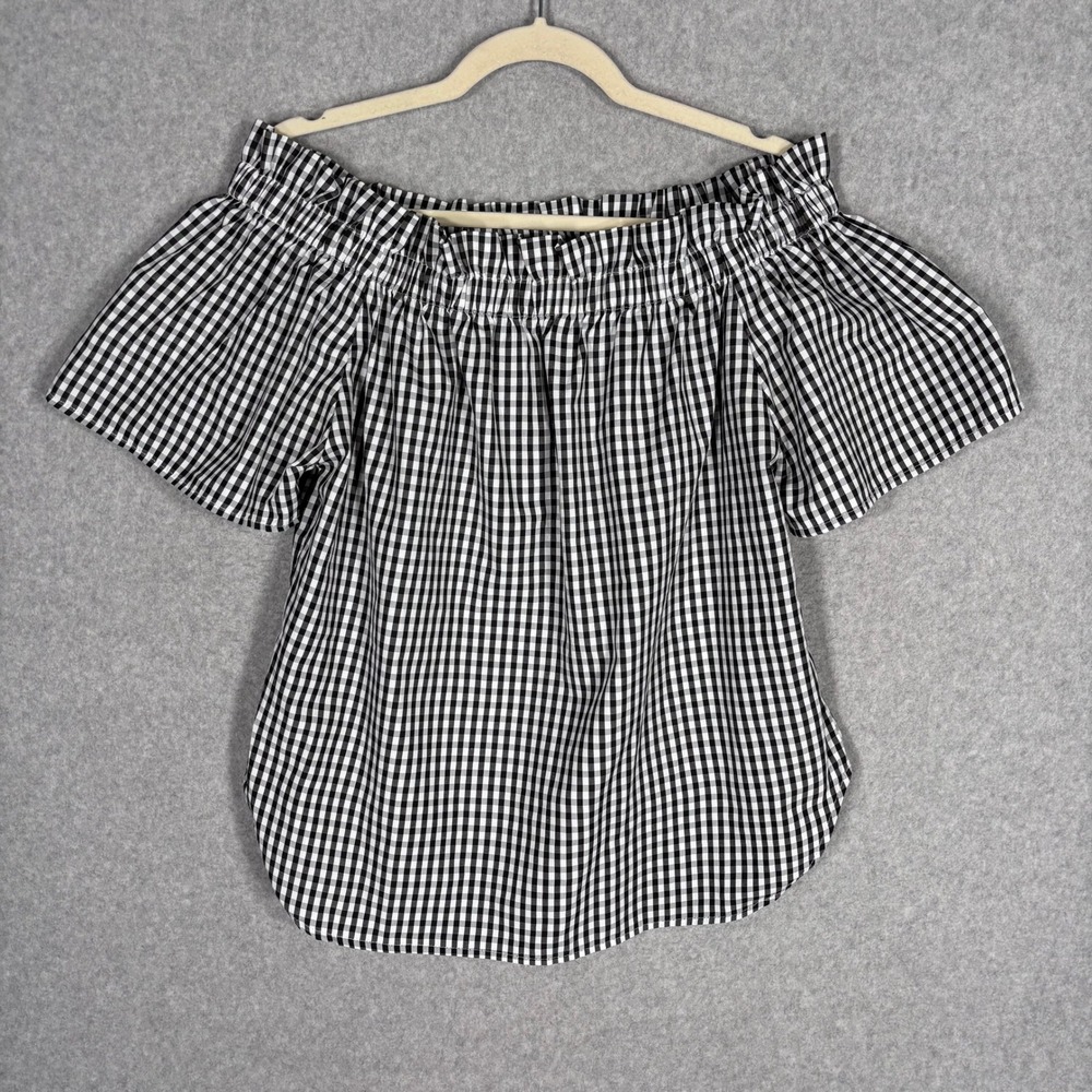 Gingham Off The Shoulder Ruffle Top XL Black White Blouse Preppy Cottage Cotton